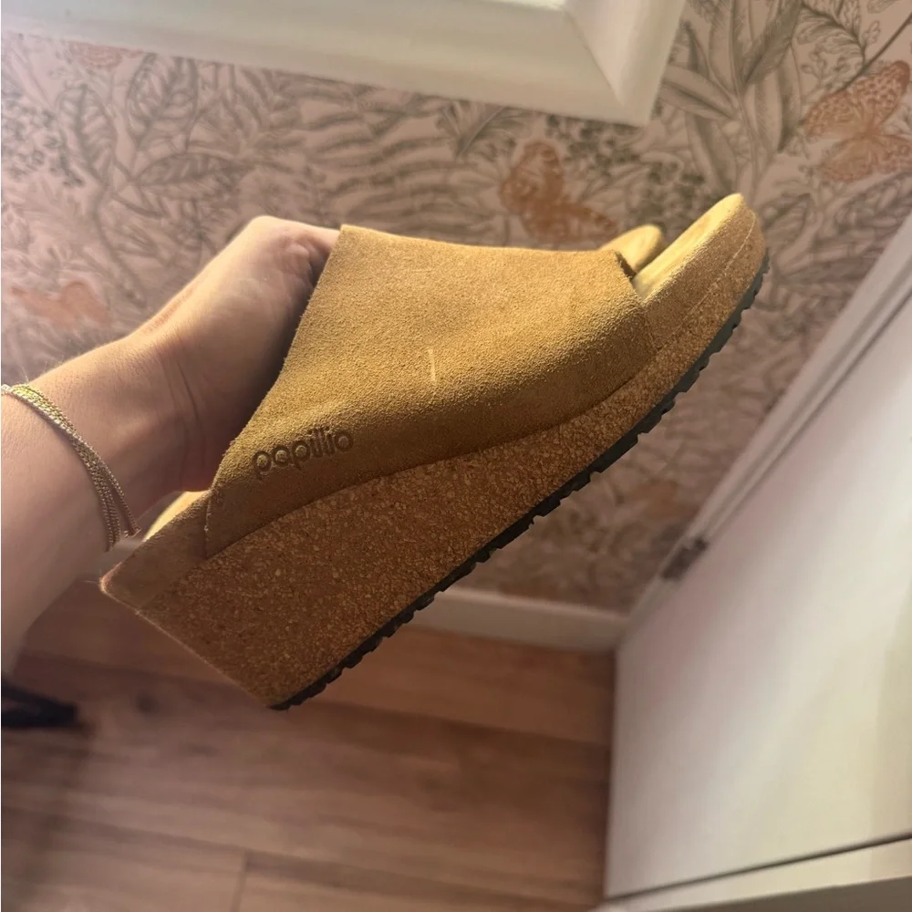 Papillio Suede Wedge Slide Sandals in Camel Brown